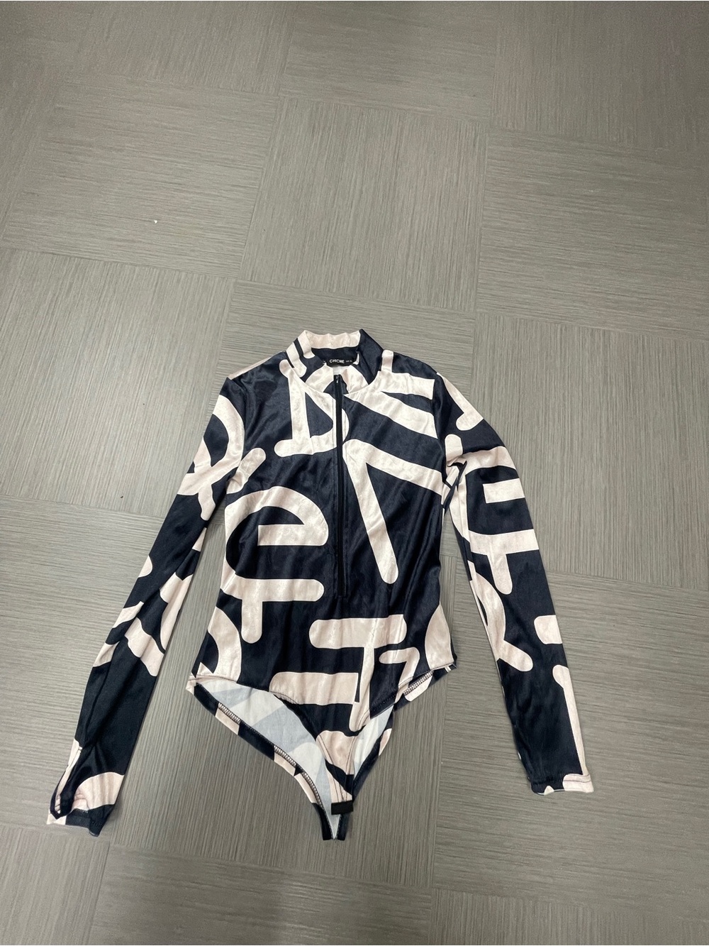 Black and Cream Graphic Long-Sleeve Bodysuit